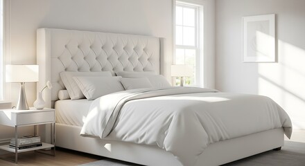 Elegant White Bedroom Interior with Natural Light and Minimalist Design.