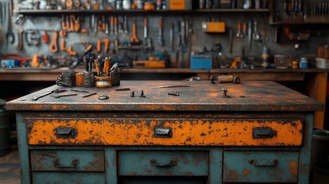 Rusty industrial workbench with tools and workshop background