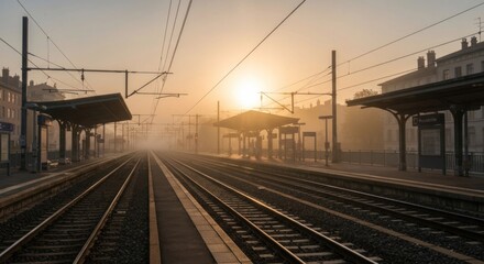 Fototapeta premium Empty train station at sunrise, shrouded in mist, with tracks leading to the horizon