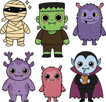Cute cartoon Halloween monsters set including mummy, Frankenstein, furry creatures, and vampire characters, perfect for spooky season designs.