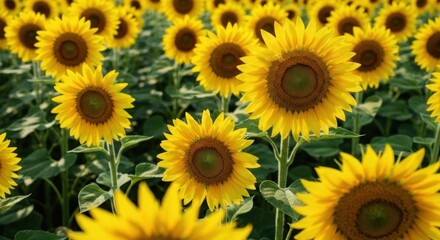 Obraz premium Field of vibrant sunflowers, their large yellow heads and green leaves filling the frame