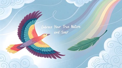 Fototapeta premium Colorful Bird in Flight with Feather and Rainbow in Sky