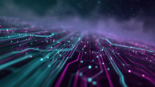 Neon tech grid with magenta and teal lines, abstract circuitry and data haze