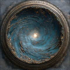 Sui-Tang Dynasties: Three Teachings Fusion - Buddhism: Zen Enlightenment, Bronze Mirror, Galaxy Nebula, Fading Ink Traces