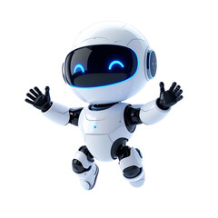 Playful, cartoonish robot with a white body, raised arms, and bright blue digital eyes