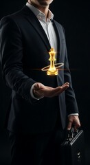 Man in suit holding a golden chess king piece with a glowing aura image photo