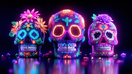 Three neon pixelated sugar skulls decorated with flowers and glowing patterns on reflective altar, vibrant colorful beads and mood lighting creating festive luminous atmosphere