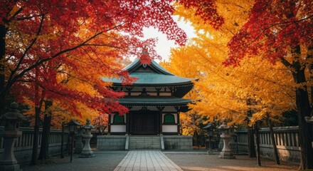 Fototapeta premium Japanese temple nestled among vibrant red and yellow autumn foliage, a serene scene