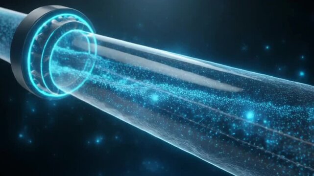 A transparent tube through which a stream of glowing blue light particles passes, creating a dynamic and futuristic visual effect. This image can be used to represent 