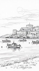 Seaside Fortress Sketch - Boats and Ancient Architecture.