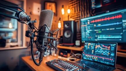Professional podcasting studio setup with microphone and digital audio workstation, perfect for content creators.