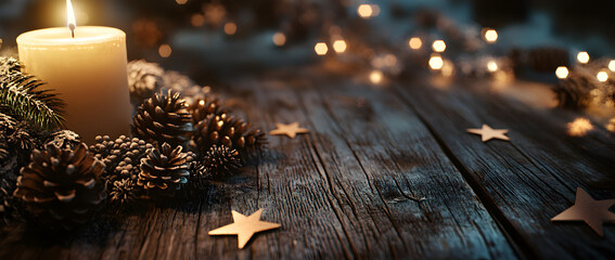 A rustic wooden table is adorned with vintage decorations like pine cones, stars, and snowflakes, creating an atmosphere of warmth and tranquility.