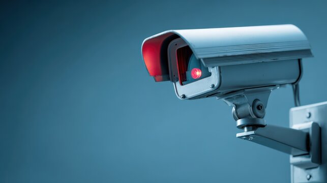security camera with red indicator light on against blue background