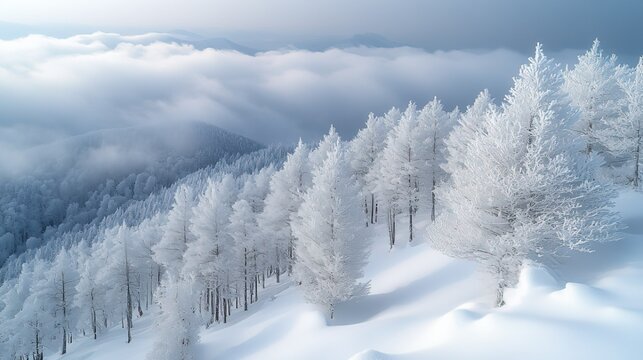 Icy Trees in Foggy Sky on Mount Goda with Vast Snow-Covered Branches Winter Landscape AI Generated