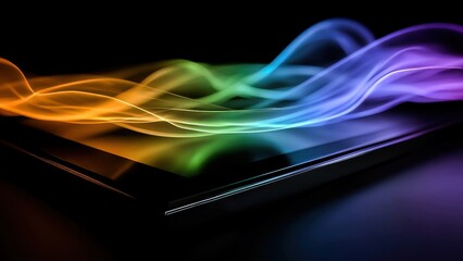 A sleek tablet emits vibrant, colorful light waves, showcasing modern technology and digital innovation.