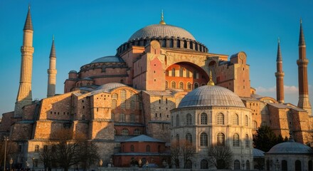Naklejka premium Majestic ancient building, massive domes & minarets against a blue sky. Golden light illuminates