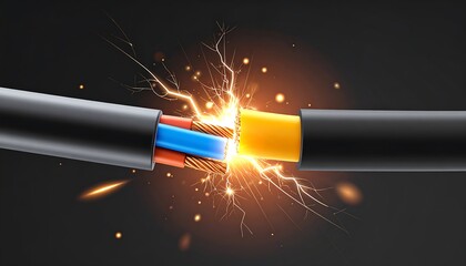 Dangerous Electric Cables Sparks Fly as Wires Short Circuit on Dark Backdrop.