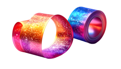 Dynamic Cosmic Glitter Ribbons: Vibrant Abstract Gradient Rolls with Sparkles on Black. Futuristic Tech & Creative Design Backgrounds.
