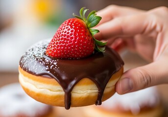 Chocolate Drizzled Donut with Strawberry - A Sweet Treat Delight.