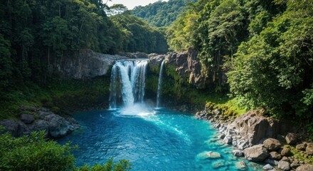 Majestic waterfall cascading into a vibrant blue pool surrounded by lush, green rainforest