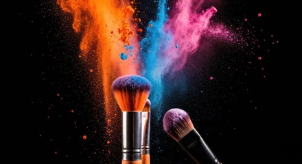 Makeup brushes with vibrant powder bursts against a black backdrop, creating a colorful visual