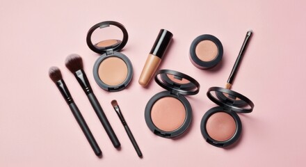 Makeup products and brushes arranged on a light pink surface, flat lay perspective