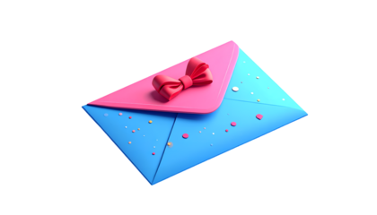 Vibrant Pink & Blue Envelope with Red Bow and Confetti on Black - Festive Invitation, Special Message, or Gift Concept