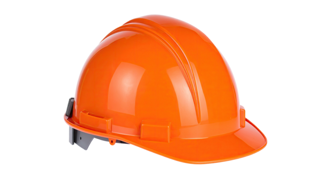 Bright orange protective hard hat, glossy, with a brim, isolated on black