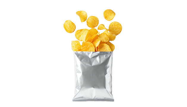 Golden crisps spill out of a metallic bag against a stark, black background