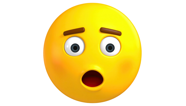 A 3D yellow emoji with wide eyes and an open mouth showing surprise