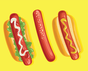  Vibrant illustration of classic hot dogs or frankfurters one plain sausage, one with mayo and lettuce, and another with mustard, set against a bright yellow background, representing delicious street 