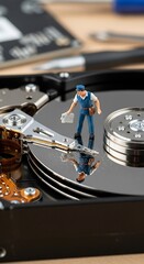 Miniature Technician Inspecting Hard Drive Platter for Data Recovery.