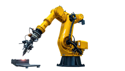 A bright yellow industrial robot arm with a welding torch facing a work piece