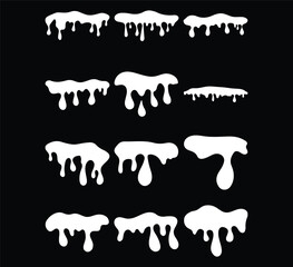  Collection of White Dripping Liquid and Melting Paint Graphics on Black Background - Abstract Vector Elements