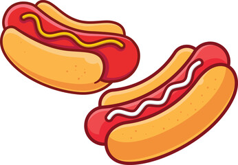  Cartoon Hot Dogs with Mustard and Mayonnaise - Delicious Fast Food Illustration, Classic American Snack Meal
