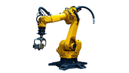 Bright yellow robotic arm with multiple joints and a mechanical gripper at the end