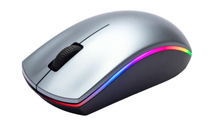 Modern wireless computer mouse with metallic silver finish & colorful LED edge lighting