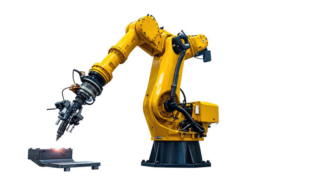 A bright yellow industrial robot arm with a welding torch facing a work piece