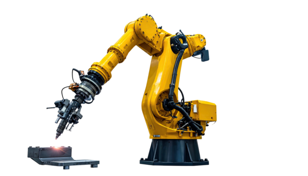 A bright yellow industrial robot arm with a welding torch facing a work piece