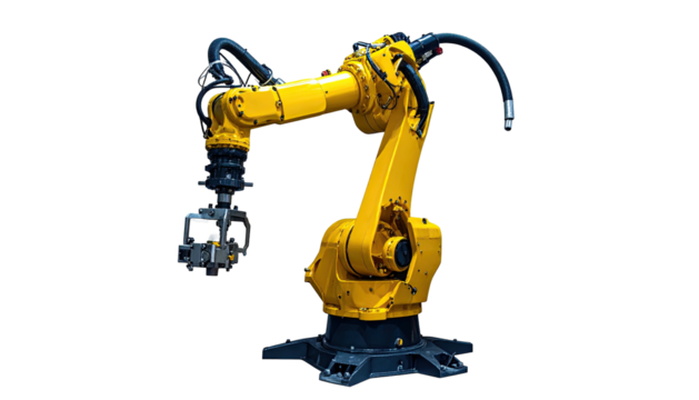 Bright yellow robotic arm with multiple joints and a mechanical gripper at the end