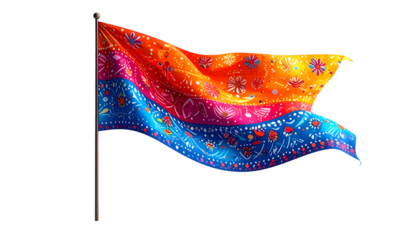 Vibrant Waving Flag: Dynamic Orange, Pink & Blue Abstract Floral Patterns. Festive Textile Art for Celebration, Diversity & Creative Designs on Black.