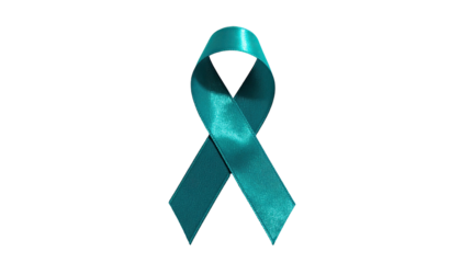 Teal satin ribbon, a symbol of awareness, isolated against a black background