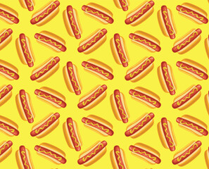  Seamless Hot Dog Pattern with Mustard, a Fun and Playful Fast Food Background Design in Yellow and Red.