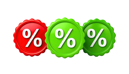 Three colorful percentage signs with a raised design, isolated on black background