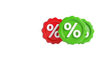 Three 3D round badges with white percent signs, red & green, on black background