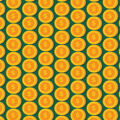 : Golden Dollar Coins Seamless Pattern on Dark Green Background, Financial Prosperity, Wealth and Savings Concept