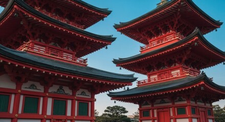 Red tiered structures with dark roofs stand against a clear blue sky, architectural details