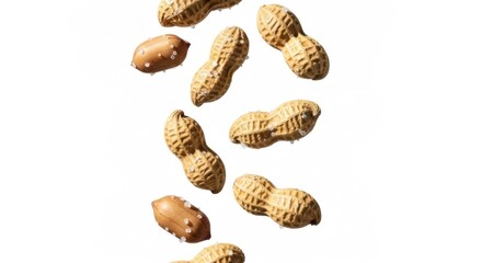 Salted peanuts, some shelled, falling on a plain white background. Close-up shows detail