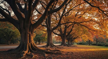 Row of autumnal trees with exposed roots, golden leaves, and dappled sunlight