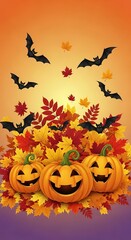 Halloween Pumpkins and Bats with Autumn Leaves Festive Celebration.